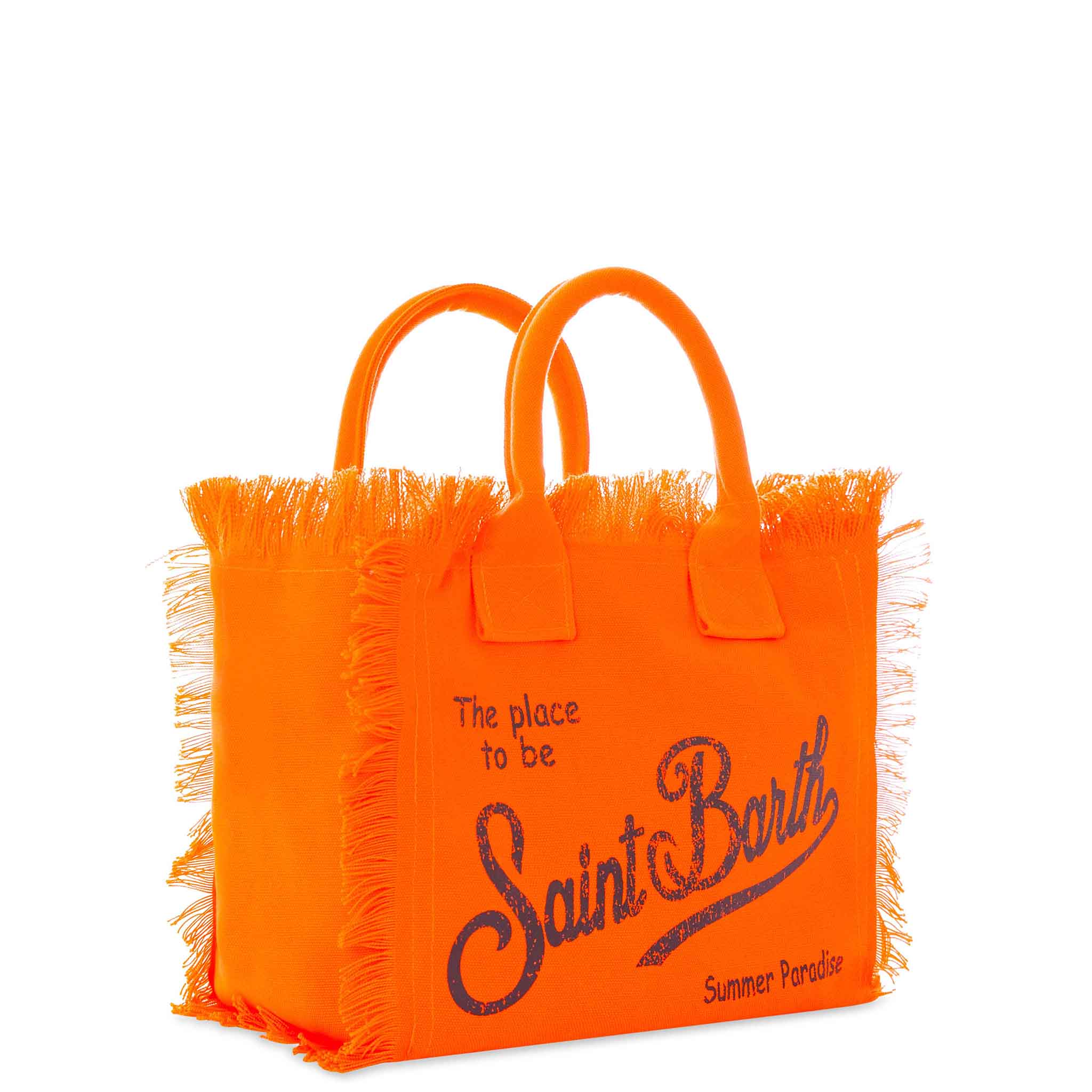Colette fluo orange håndtaske med frynser og Saint Barth-logo | Inderflap med metallynlås | Indvendig lynlåslomme | Størrelse: 26 x 14 x 23 cm | MC2 Saint Barth