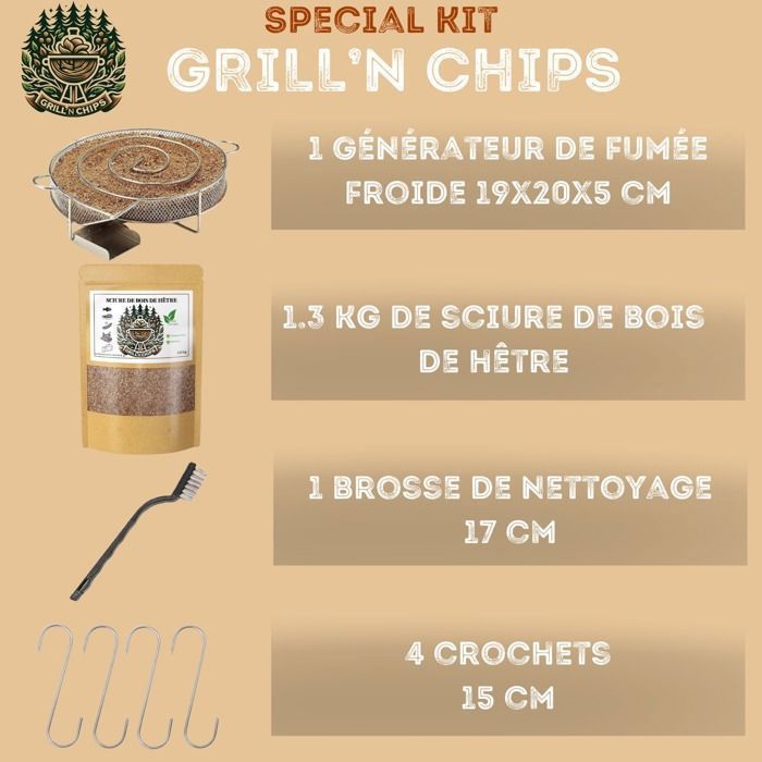 GRILL'N CHIPS - Gerador de fumaça fria (bobina) para defumadores e churrasqueiras + 1,2 kg de serragem de faia