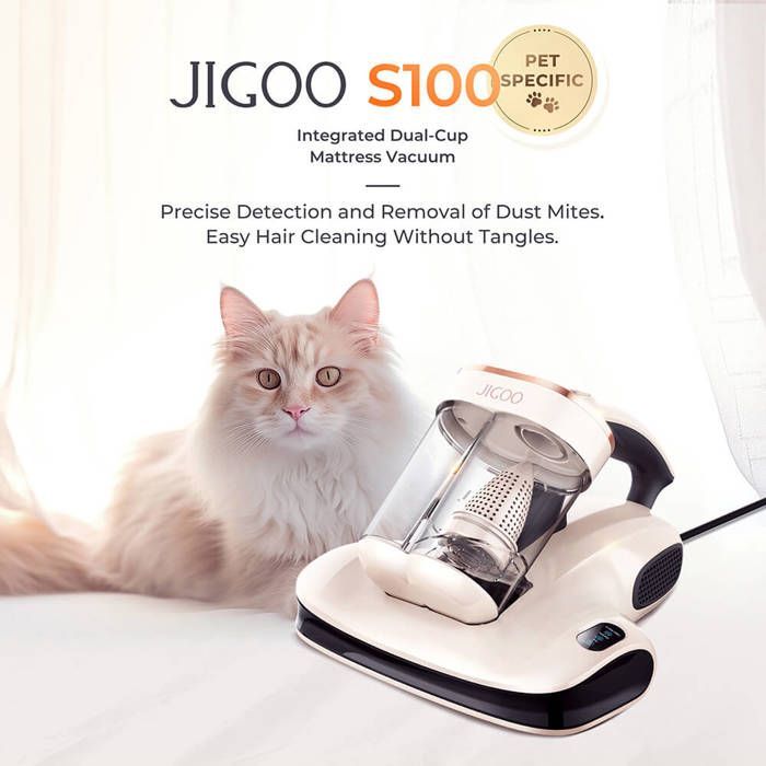 Aspirador de colchão JIGOO S100 Smart com dois copos, potência de 350 W e sucção de 12 kPa.