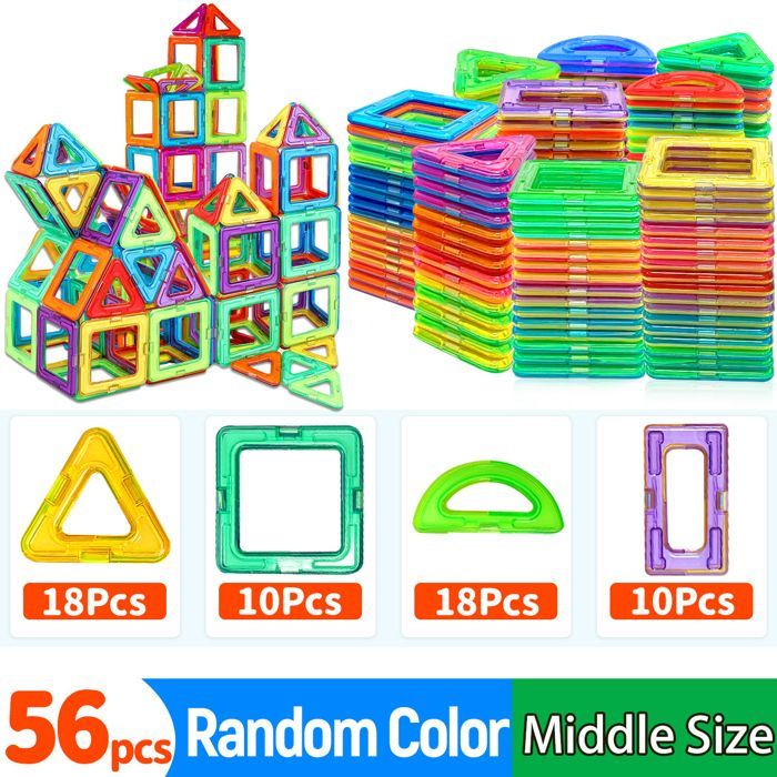 Set di costruzioni magnetiche – Giocattolo educativo per bambini – 56 pezzi magnetici colorati – STEM e creatività