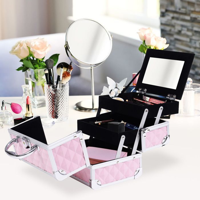 Estuche de maquillaje - HOMCOM - productos de belleza, 3 niveles, espejo, cerradura, 2 llaves - aluminio - 20x15x15cm - rosa
