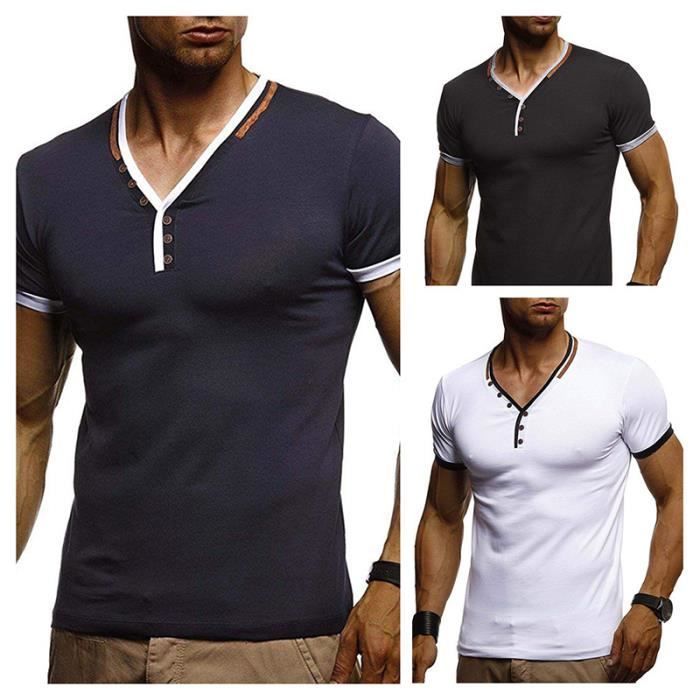 Men's T-shirt - LEOCLOTHO - Fitness V-neck Slim fit short sleeves - White - 65% Cotton