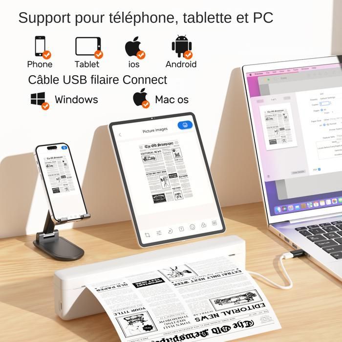 A4-Thermodrucker, Mini-Bluetooth-Drucker, WLAN, keine Tinte, nur 430 g, 251 x 32 x 54 mm, Weiß