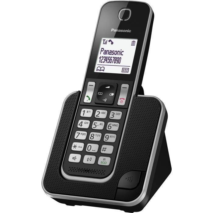 Teléfono inalámbrico digital Panasonic KX-TGD310FR negro, con contestador automático integrado, manos libres e identificador de llamadas.