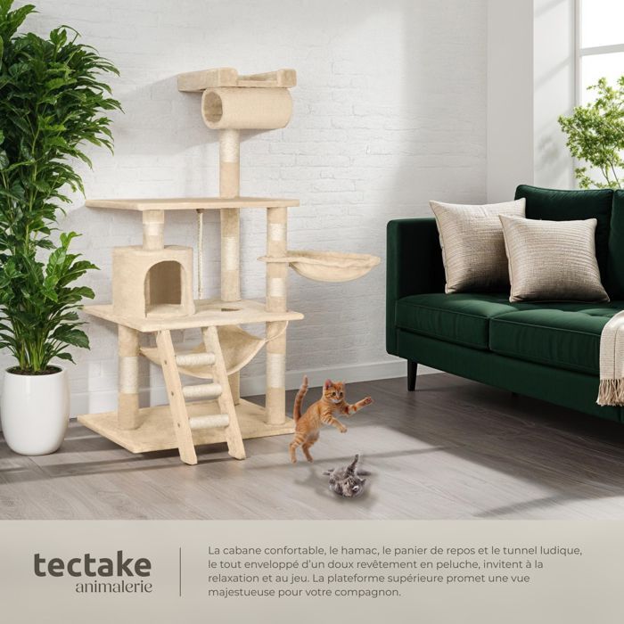 Arbre à chat - TECTAKE - Mobilier pour chat STOKELEY 141 cm de hauteur avec zones de couchage et cordelette - Beige