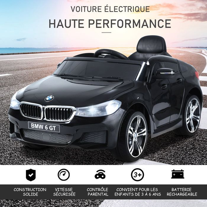 Electric car - HOMCOM - children's 6V 3 km/h sound and light effects remote control - PP - BMW 6 GT - black