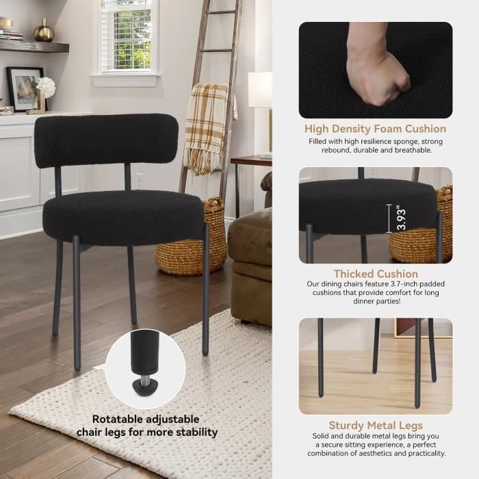 Juego de 2 sillas de comedor - Estilo escandinavo - Asiento acolchado - Patas de metal - Color negro