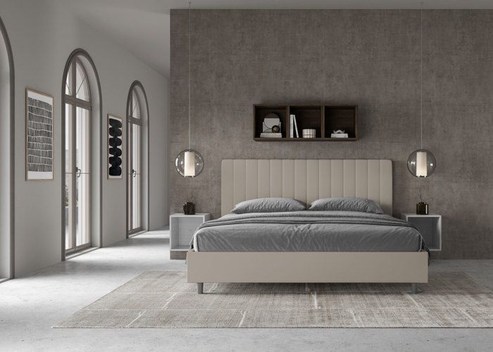 King size bed - Ityhome - Agueda - 200x210 cm - Taupe faux leather - Slatted base included
