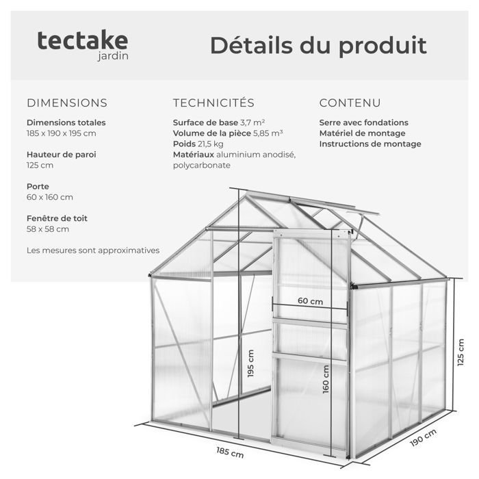 Garden greenhouse - TECTAKE - Outdoor polycarbonate greenhouse, 5.85 m³ surface area, sliding door, 185 x 190 x 195 cm, no foundation required