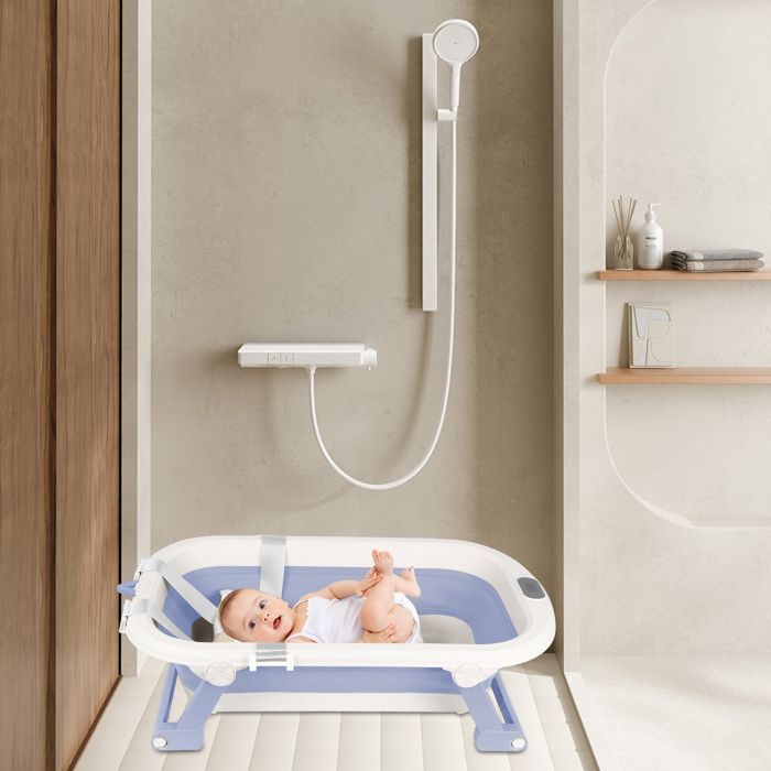 Bañera para recién nacidos - MIPAN - Bañera plegable para bebés - Con soporte + alfombrilla de baño + termómetro + juguete - Azul