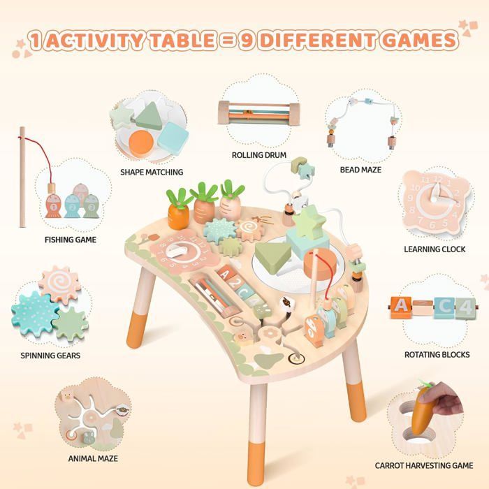 Mesa de Atividades Montessori de Madeira - ZUUKO - 9 em 1 - 39,88 x 29,97 x 34,8 cm - Sensorial - Labirinto de Contas