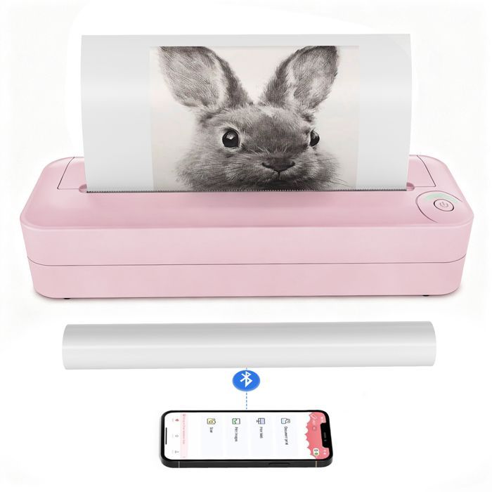Bluetooth A4 thermal printer, with printing paper, suitable for home, office and outdoor use - pink