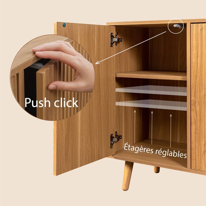 Buffet Enfilade RENZO - Design 3D Strié - 3 Portes Push-to-Open - L 120 cm - Chêne Alba Mat - Pieds 15 cm - Style Scandinave