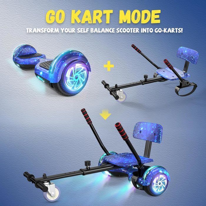 Hoverboard with integrated seat, 6.5 inches with Bluetooth speaker and LED lights for children (including pedal kart)