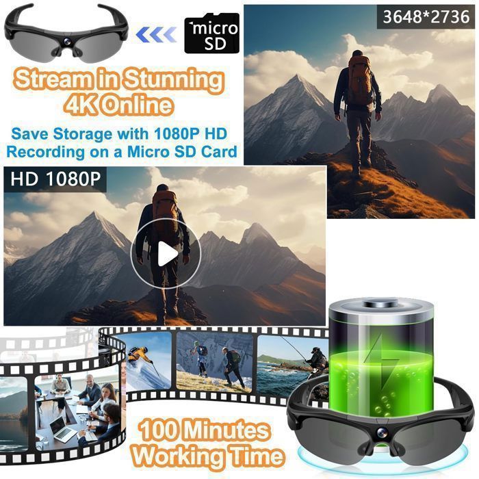 Cámara deportiva Wi-Fi 4K, gran angular de 120°, lentes polarizadas, 100 minutos de autonomía, modo DV, ideal para deportes y ciclismo.