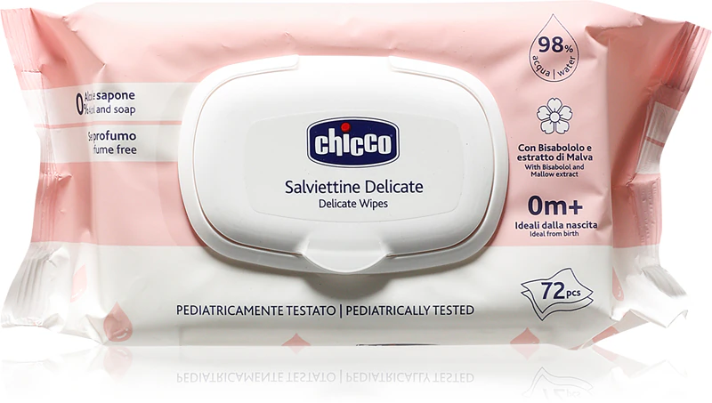 Lenços umedecidos Chicco Delicate Wipes com camomila para bebês.