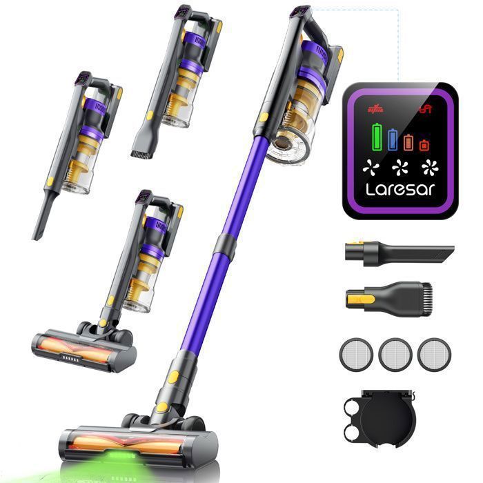 Aspirapolvere senza fili - 75000 Pa - Autonomia 60 minuti - Spazzola con LED verde - 2 litri - Motore senza spazzole