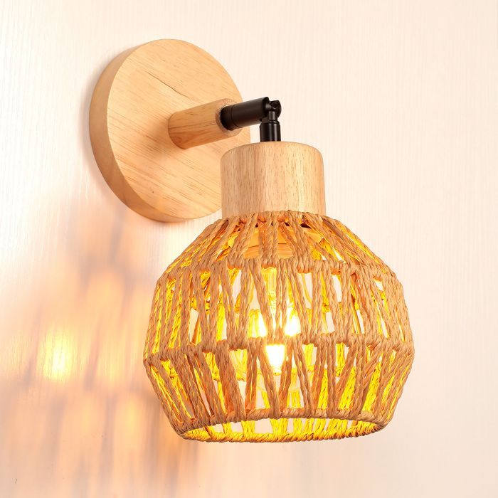 SNOGOLD Vintage Binnenwandlamp, Rotan en Houten Wandlamp, Verstelbare E27 Plafondlamp voor Woonkamer of Hal, Bruin