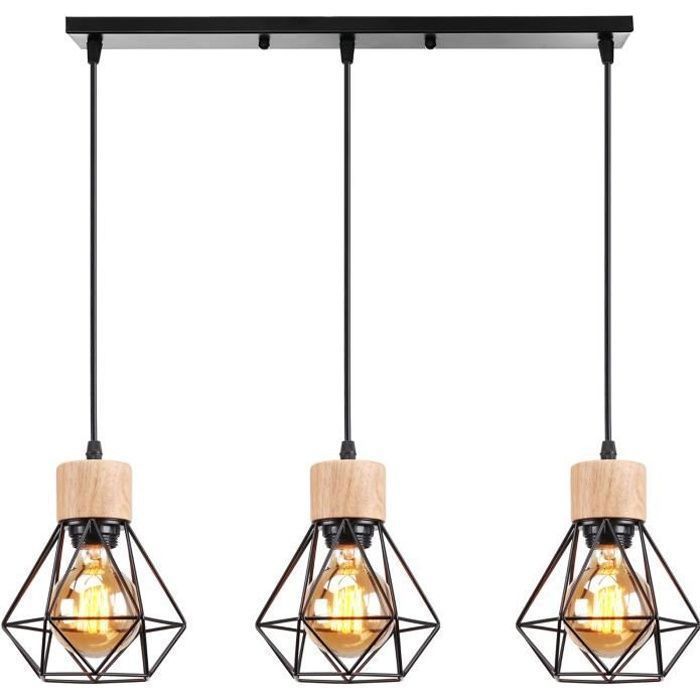 UNI Suspension Luminaire en Bois Fer Lustre Suspension Deisgn Vintage Industrielle pour Salle à Manger Chambre Salon Noir
