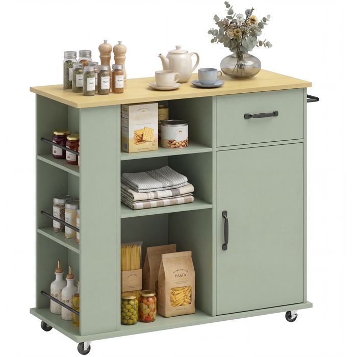 Carrito de cocina - HOMCOM - con ruedas - cajón, puerta, compartimentos abiertos y especiero - madera - 96,5 x 38 x 87 cm - verde