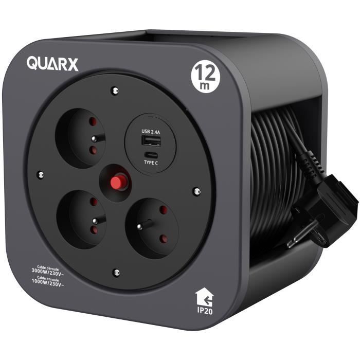 Enrouleur - QUARX - S-Box - 12m, 3 prises 16A, USB Type A et C