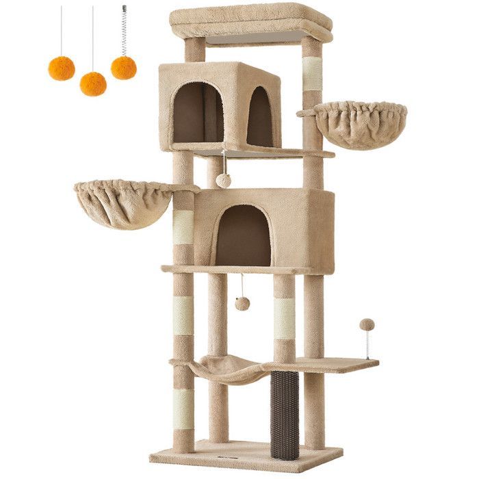Grand Arbre à Chat, Hauteur 175 cm, Multi-Niveaux avec 2 Niches, 2 Paniers, 5 Griffoirs, Toilettage Autonome, Marron Camel