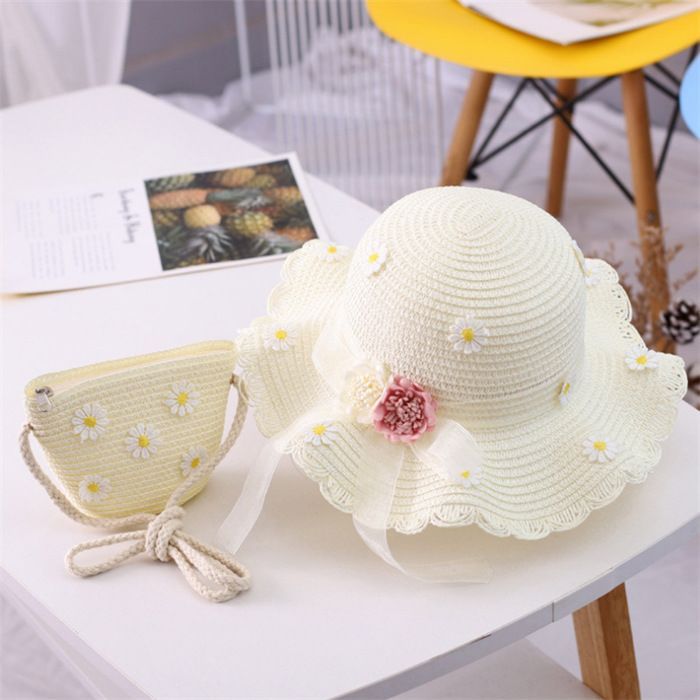 Conjunto de sombrero de paja y bolso para niña FUNMOON, pequeño, de 2 piezas, con estampado floral, nueva colección - 592201