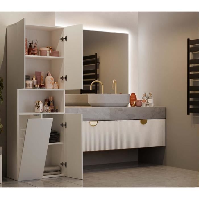 GLAZE - Mueble de baño con cesta de rejilla - Estilo moderno - 174x60x30 cm - Columna de baño - Beige