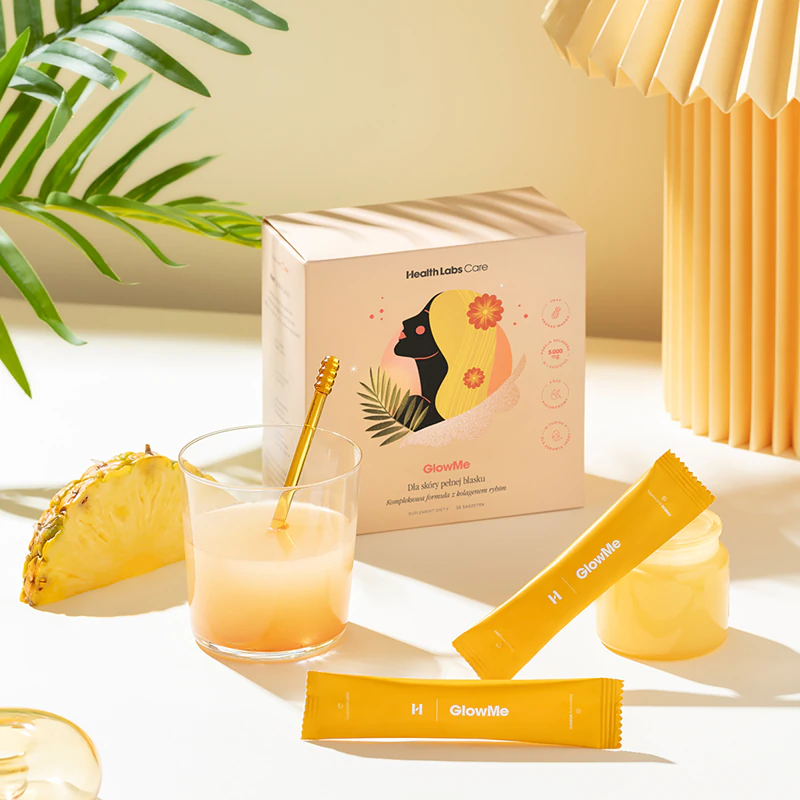 Sachês de suplemento alimentar GlowMe da Health Labs Care para uma pele radiante.