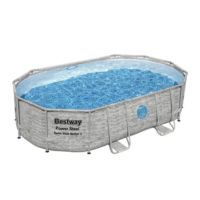 Kit para piscina tubular acima do solo BESTWAY - Power Steel™ - 488 x 305 x 107 cm - Oval - (Filtro de areia, cobertura, escada)