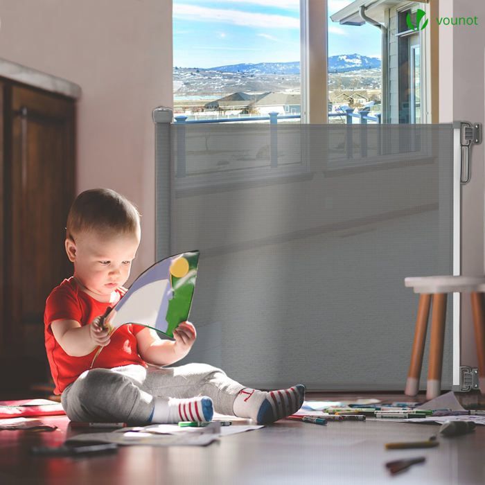 Barrera de seguridad retráctil VOUNOT® de 180 cm, gris - Doble cierre con una sola mano - Para bebés, niños y perros