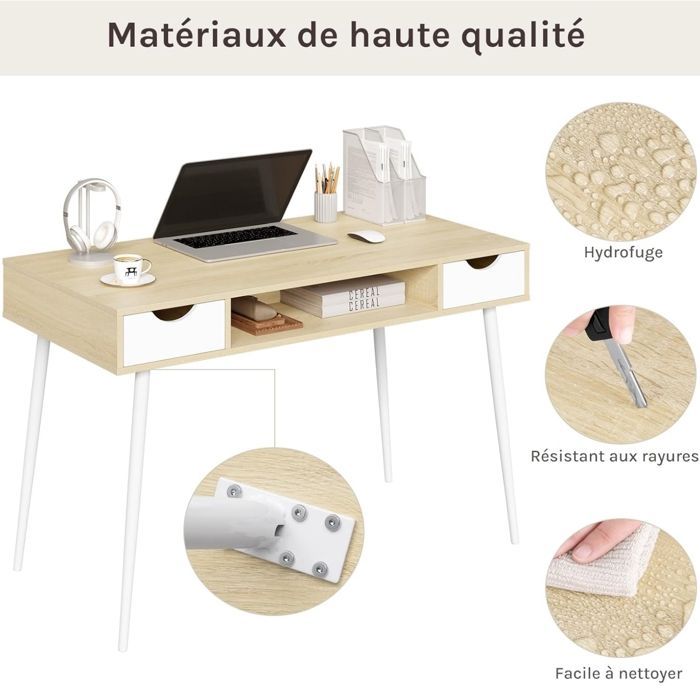 WOLTU Metal and Wood Computer Desk, Office Table with 2 Drawers and 1 Open Compartment, 120x58x77cm, Oak