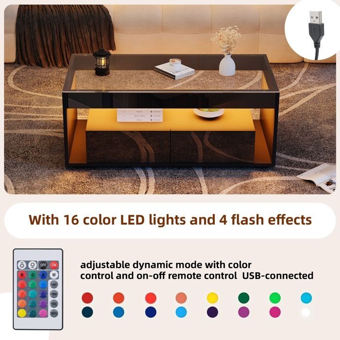 Coffee table with 2 drawers, storage, and 16-color LED lighting, glass top, modern style, 100x50x40 cm, glossy black