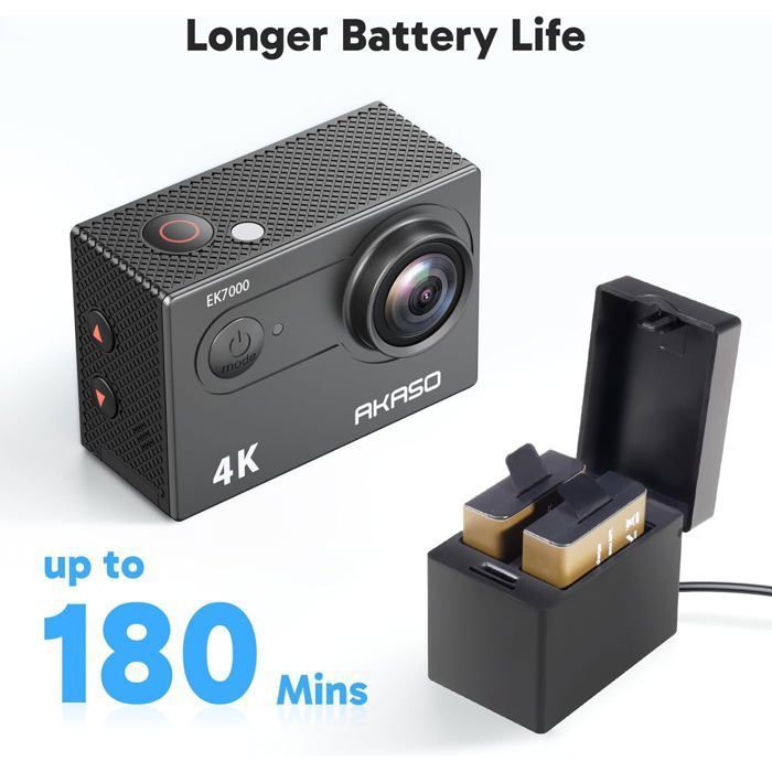 AKASO EK7000 Caméra Sport 4K 30fps 20MP WiFi avec Carte Mémoire microSDXC 128Go, Action Camera 4k Étanche jusqu'à 30M Noir