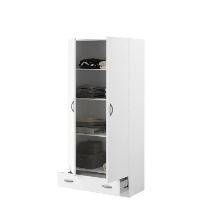 PARISOT Wardrobe with 2 hinged doors + 1 drawer - Particleboard - White finish - W 78 cm x D 38 cm x H 170 cm - VARIA
