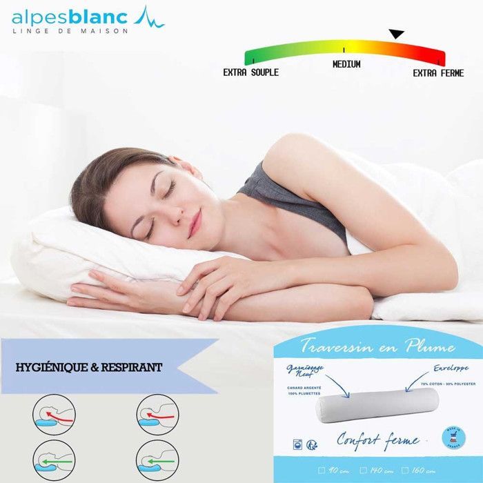ALPES BLANC - Traversin en Plumes de canard - 90 cm - soutien mi-ferme et accueil moelleux - Confort et qualité Française