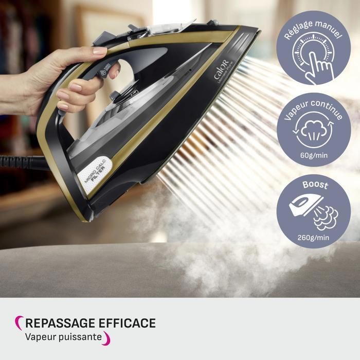 CALOR Fer vapeur ULTIMATE PURE, Filtre Micro Calc,  3000 W - fonction pressing 260 g/min, débit de vapeur 60 g/min, FV9839C0