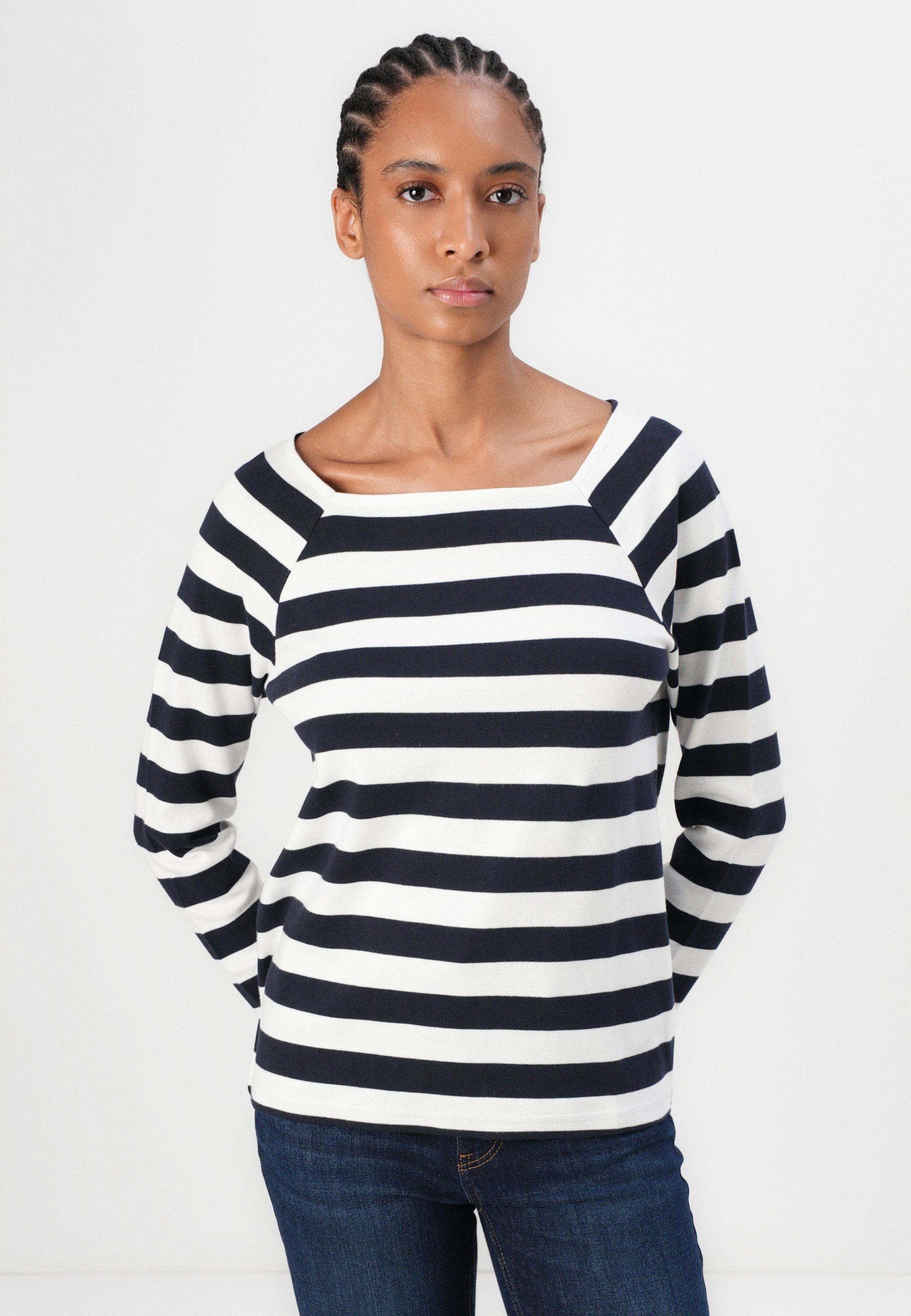 TOM TAILOR GESTREEPTE CARRÉ-HALS - Top met lange mouwen - maansverduistering/gebroken wit