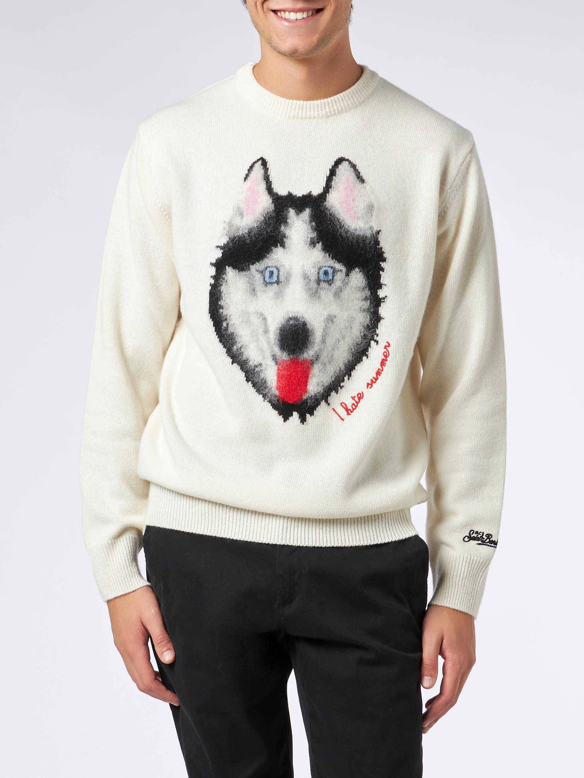 Herentrui met wolvenprint en geborduurd 'I hate summer'-opdruk.