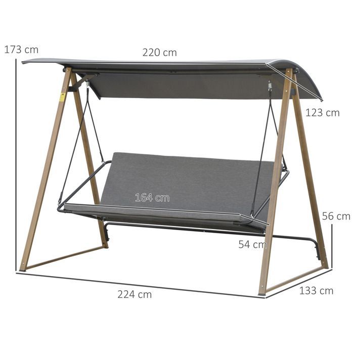 Columpio de jardín Outsunny - 3 plazas, acero, estilo contemporáneo con toldo ajustable - metal - 224x133x173cm - gris