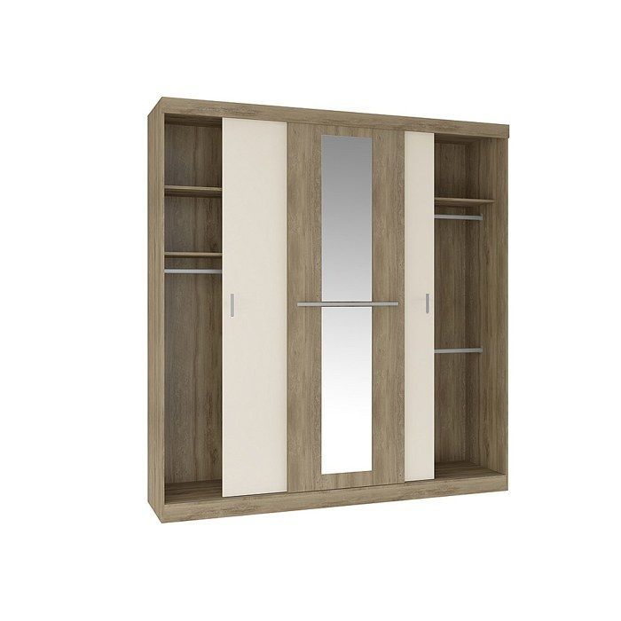 Armario corredero de 3 puertas con espejo - 205 cm de ancho - Natural y beige - DIDDA II