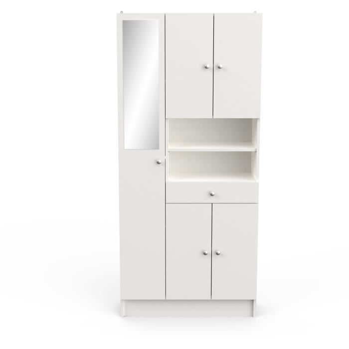Colonne de salle de bain - 5 Portes - 1 tiroir - 2 niches - miroir - Blanc mat - L82 x P32 x H180 cm - Made in France