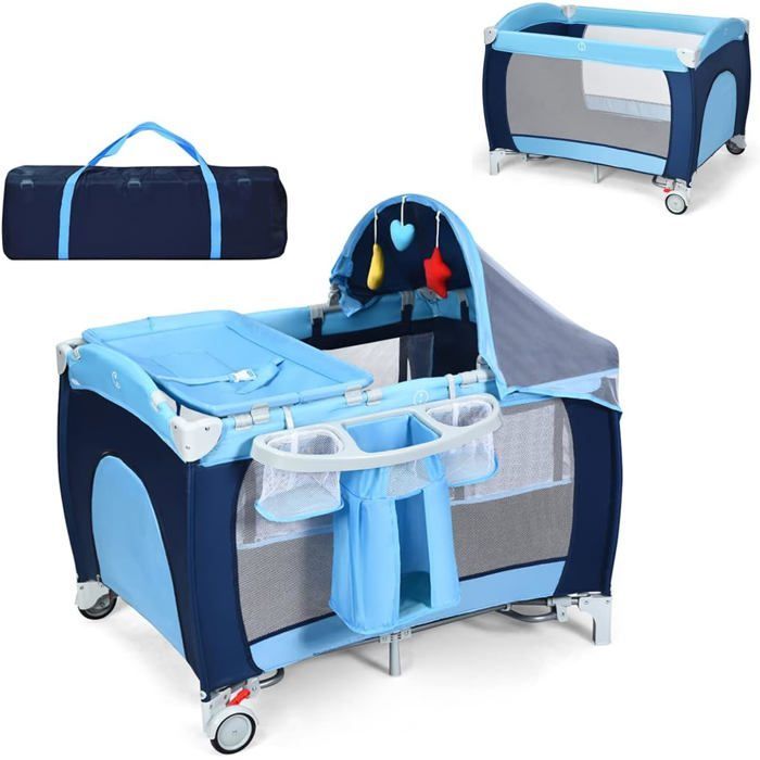 COSTWAY 4-in-1 Baby Bed: Crib, Changing Table, Playpen - Rocking Function - Music Box with Lights - Easy Folding - Blue