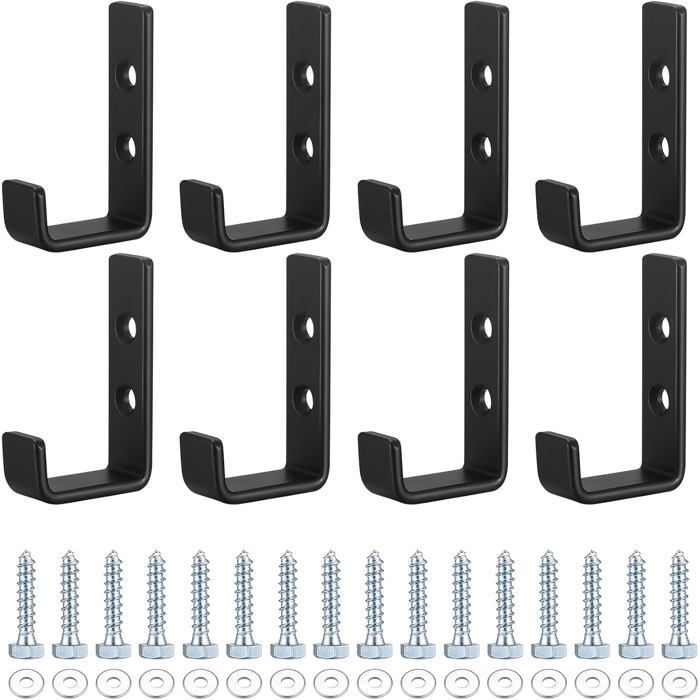 8 ganchos de pared, acero al carbono, negros, resistentes (70 kg), para garaje y herramientas.