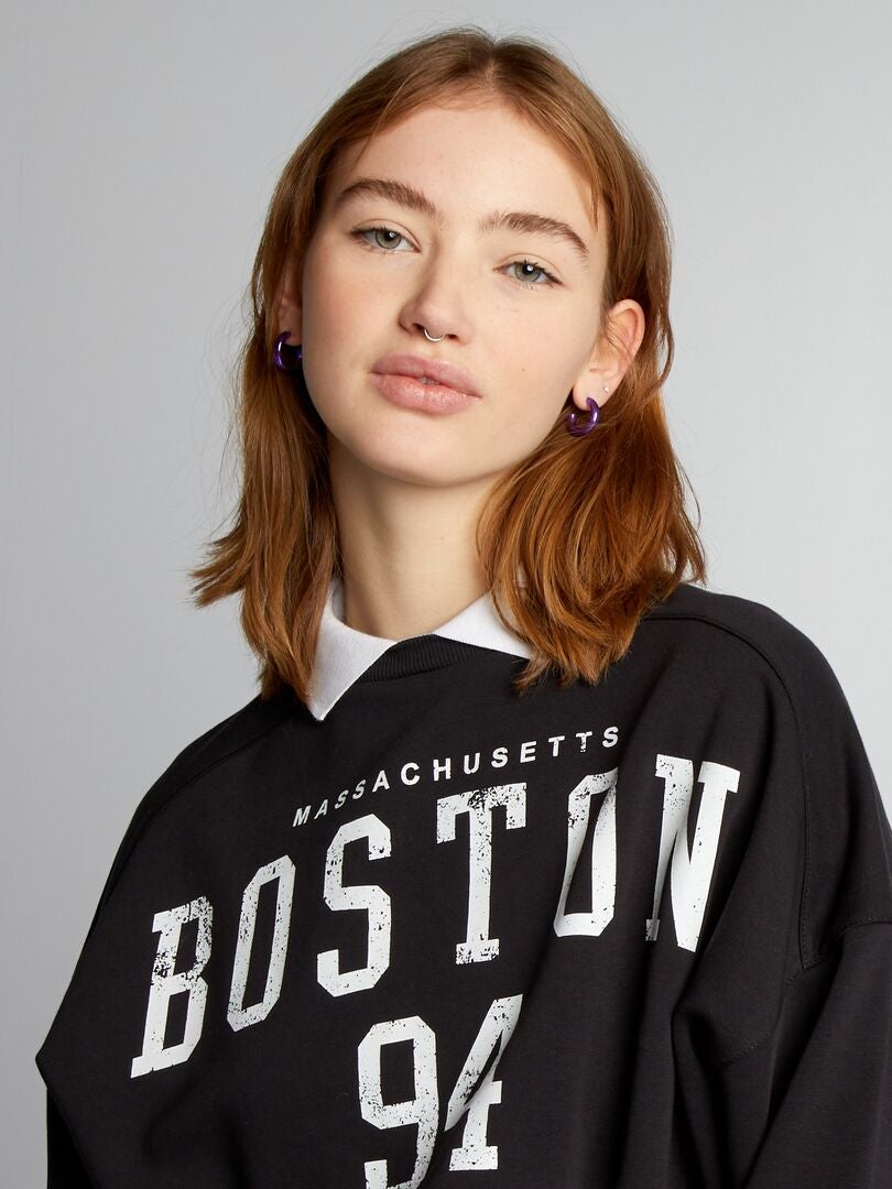 Blusa de moletom cropped com gola de camisa - PRETA