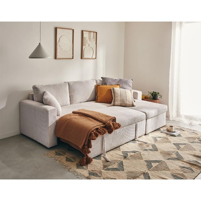 Cyrus - Sofá cama esquinero reversible de 4 plazas con almacenamiento - en pana - Beige