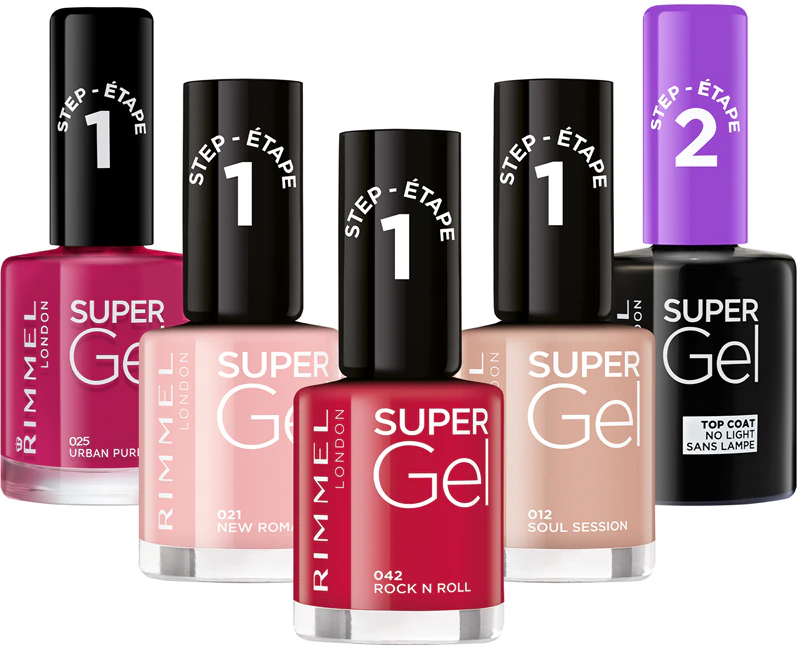 Esmalte Rimmel Super Gel Step 2 com glitter para um brilho intenso.