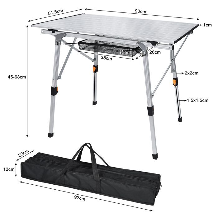 Mesa de camping de aluminio LZQ, mesa plegable de altura regulable, mesas de camping, mesa de camping plegable, color plata.