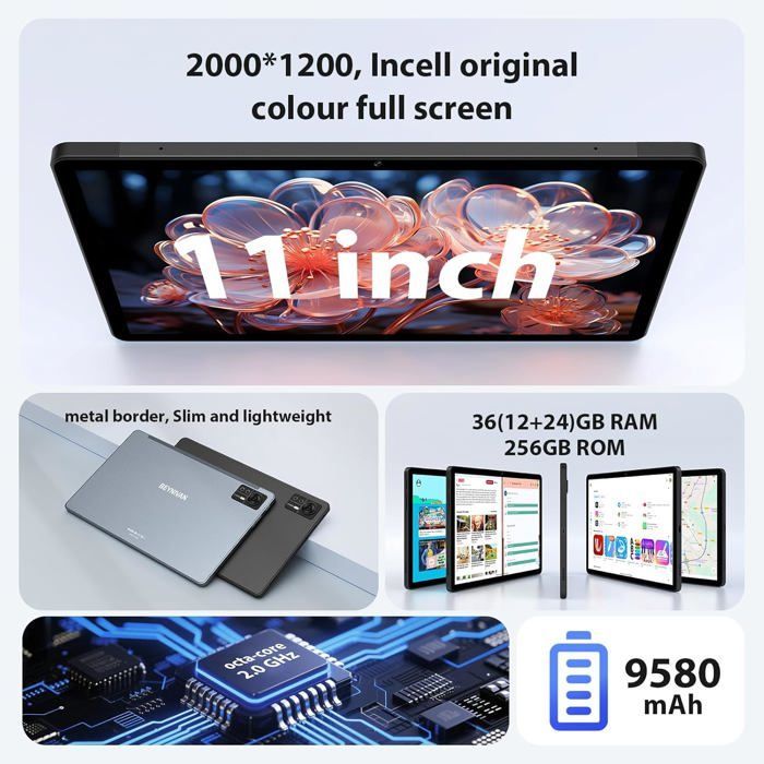 Tablette 11 Pouces - ETHNICS ORIGINS - Android 14 - 36 Go RAM - 256 Go ROM - 9580 mAh