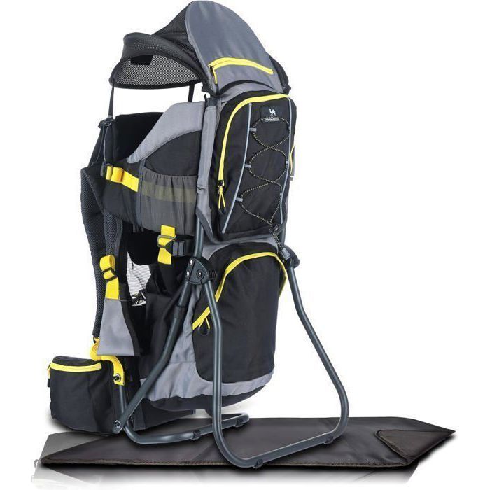 Portabebés DRAMADER para senderismo - Cómodo hasta 22 kg - Mochila con bolsillo isotérmico, funda para el sol y la lluvia - Negro y amarillo